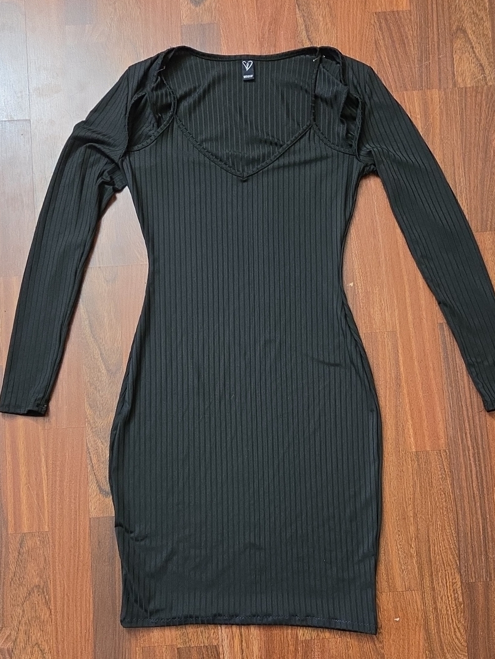 Windsor Black Ribbed Long-Sleeve V-Neck Bodycon Dress - Like New